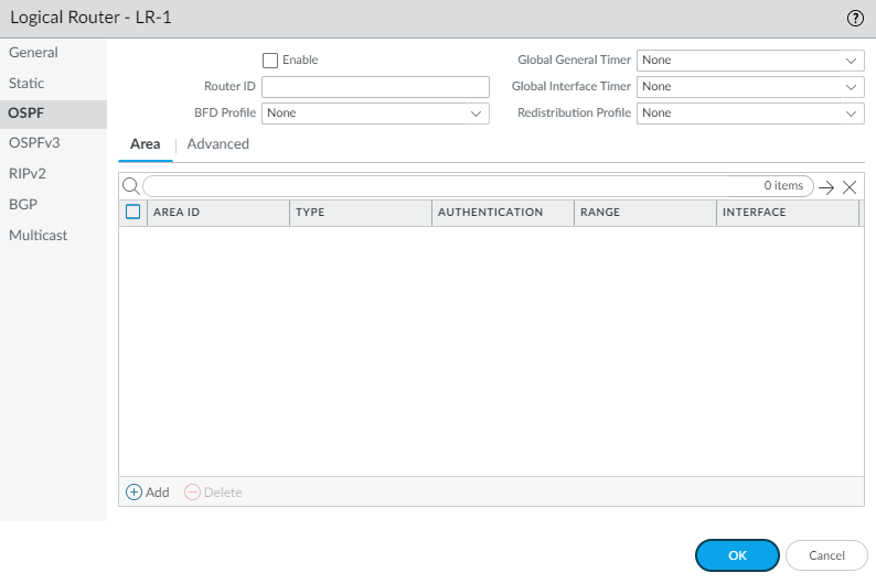OSPF General configuration tab.